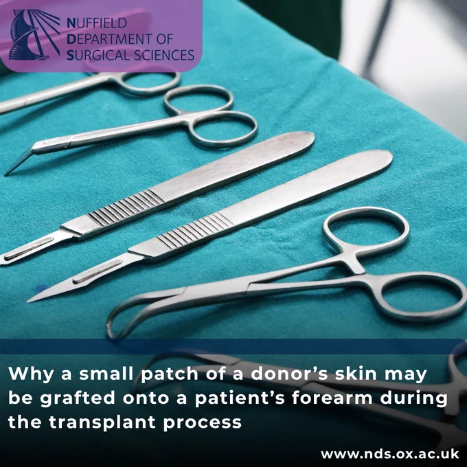 NDS logo, picture of Surgical instruments, surgery, placed on a sterile green cloth, soft focus, text that reads: Why a small patch of a donor’s skin may be grafted onto a patient’s forearm during the transplant process, www.nds.ox.ac.uk
