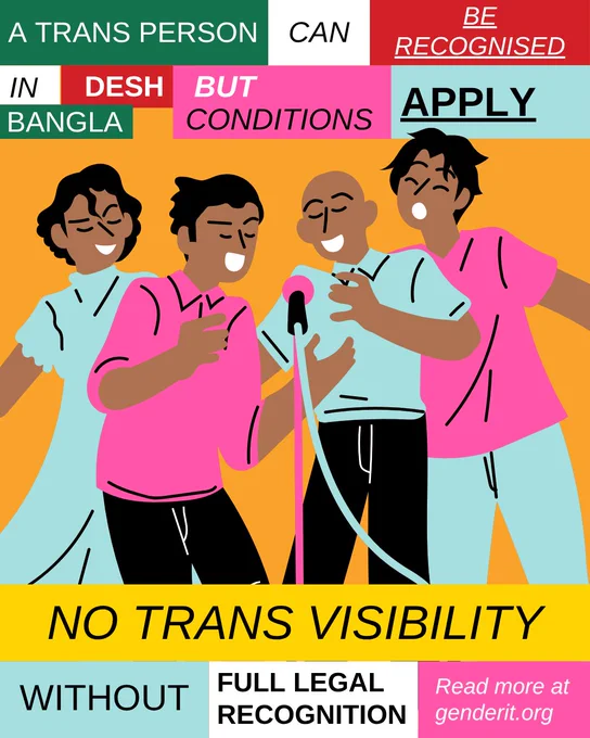 A trans person can be recognised in Bangladesh, but conditions apply. No trans visibility without full legal recognition. Read more on GenderIT.org. There is an illustration of four individuals singing together in the centre of the image.