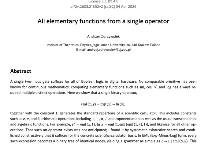 screenshot from the linked paper "All elementary functions from a single operator"