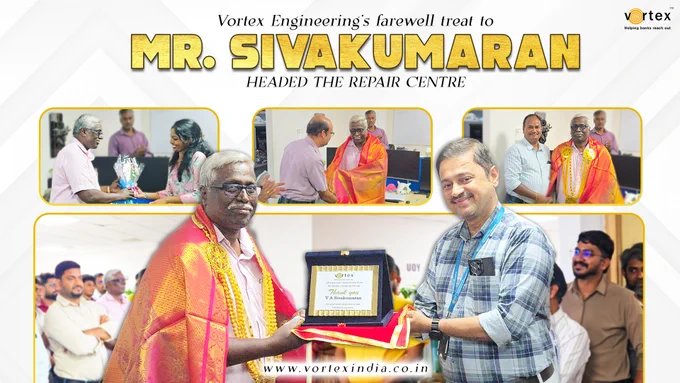 A photo collage marking Mr. Sivakumaran's retirement from Vortex Engineering. The central photograph depicts Mr. Sivakumaran, dressed in a traditional ceremonial shawl and garland, accepting a memento plaque from a colleague. The top inset photographs show him receiving a bouquet from a young female colleague and being recognized by other team members in an office setting. A group of employees stands in the background, smiling. The top lettering reads, "Vortex Engineering's farewell treat to Mr. Sivakumaran, Headed the Repair Centre."