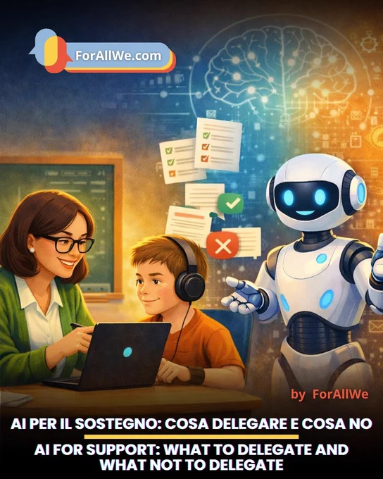 Illustrazione verticale in stile digitale: un’insegnante sorride accanto a un bambino con cuffie davanti a un laptop, mentre un robot bianco e blu indica alcune schede sospese con simboli di spunta verdi e X rosse. Sullo sfondo compaiono una lavagna e un grande cervello luminoso con elementi grafici tecnologici. In alto c’è il logo “ForAllWe.com”. In basso, il testo del post recita: “AI PER IL SOSTEGNO: COSA DELEGARE E COSA NO” e, sotto, “AI FOR SUPPORT: WHAT TO DELEGATE AND WHAT NOT TO DELEGATE”.
Vertical digital illustration: a smiling teacher sits beside a child wearing headphones in front of a laptop, while a white-and-blue robot gestures toward floating cards marked with green check symbols and red X symbols. In the background there is a chalkboard and a large glowing brain with tech-style graphic elements. At the top appears the “ForAllWe.com” logo. At the bottom, the post text reads: “AI PER IL SOSTEGNO: COSA DELEGARE E COSA NO” and, below it, “AI FOR SUPPORT: WHAT TO DELEGATE A