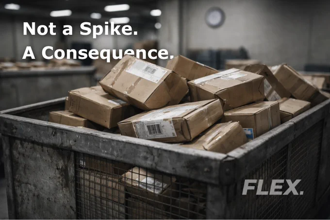  A wire cage filled with numerous brown cardboard packages in a dimly lit warehouse. Text reads, "Not a Spike. A Consequence." Branding says "FLEX."