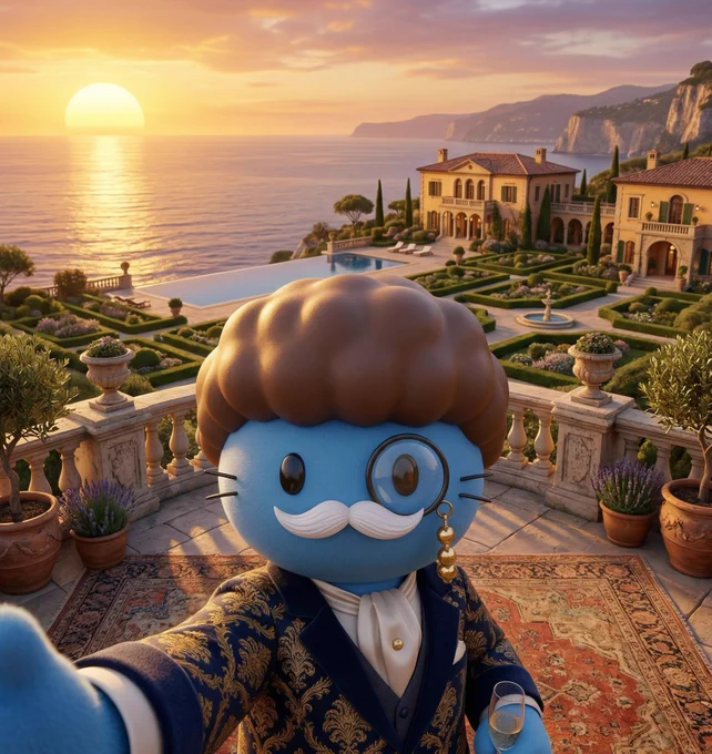 Lord Overprice, an aristocratic CGI cartoon cat with a monocle and white moustache, poses for a sunset selfie on a stone terrace overlooking the sea. Two grand coastal villas, manicured gardens, and glowing ocean views stretch behind him in warm golden light.