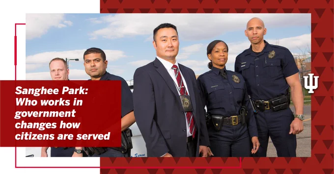A group of five individuals in police uniforms stand confidently in front of a vehicle, with a badge visible on the person at the center. The background features a cloudy sky. A text box on the left reads, "Sanghee Park: Who works in government changes how citizens are served." The IU trident is visible on the right side.