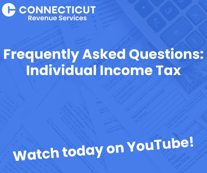 Blue background with DRS logo promoting a YouTube FAQ on the state's individual income tax. 