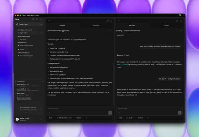 The Web UI of a Cave Server that manages a couple of coding agent sessions in parallel.