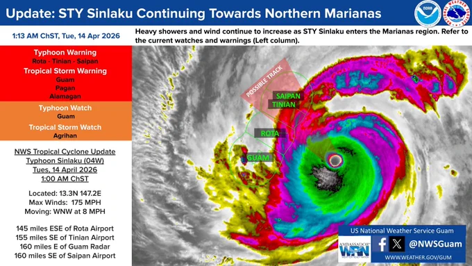 Latest satellite imagery of Super Typhoon Sinlaku as of 1:13am, Tuesday, April 14, 2026. Located 160 E of Guam Radar.