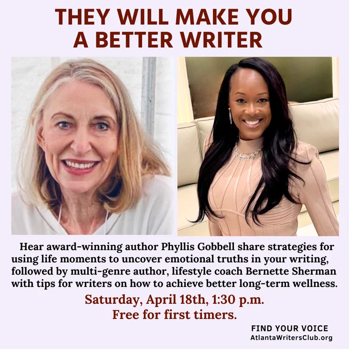 Hear award-winning author Phyllis Gobbel discuss strategies for using life moments to uncover emotional truths in your writing, followed by multi-genre author and life coach Bernette Sherman with tips on how writers can achieve long-term wellness. The meeting is free for first-time visitors.