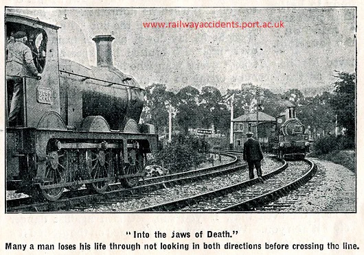 Posed railway staff safety photograph, captioned 'Into the jaws of death', and showing a railwayman stepping out of the way of an approaching train, but into the path of a train approaching on another line.