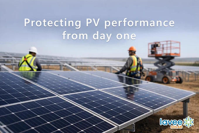 Commercial solar array at the installation stage, with newly mounted panels and installers on site before commissioning.