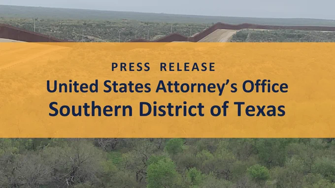 Image of border wall between Laredo and McAllen with trees in foreground TEXT: PRESS RELEASE United States Attorney's Office Southern District of Texas