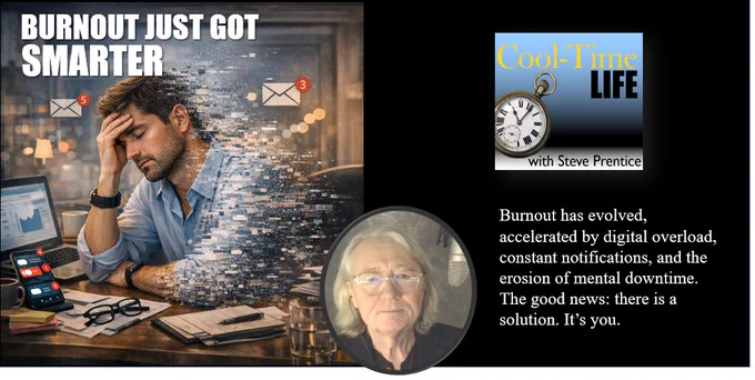 Image of a person at their desk. Their body is “dissolving” into flakes and is surrounded by icons such as new mail. The person looks very burned out. Also in the image is the CoolTimeLife podcast logo and a photo of me, Steve Prentice, along with a quote: “Burnout has evolved, accelerated by digital overload, constant notifications, and the erosion of mental downtime. The good news: there is a solution. It’s you.”