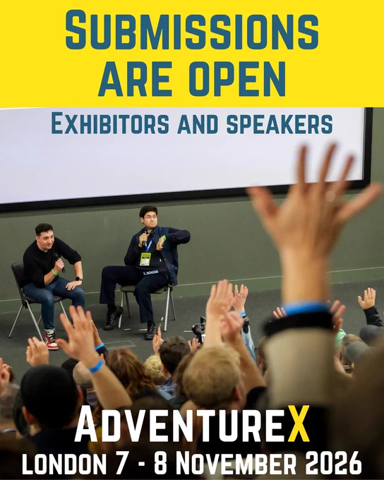 AdventureX submissions are open for exhibitors and speakers. Two AdventureX speakers holding microphones are sitting on a stage. Audience members are raising their hands to ask the speakers questions.