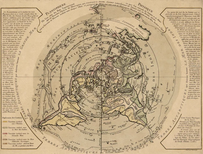 World map from perspective of north pole, with continental topography prominently shown. A map legend and descriptive text in French surround the map.