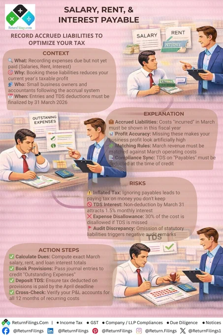 Image provided by ReturnFilings.Com it contains Don't pay tax on money you've already "spent" in your head! 💸🧠 Ensure you record all Accrued Liabilities. March salaries, rent, and loan interest are costs you've incurred even if the cash leaves your bank in April.

Under the Accrual System, failing to book these "Outstanding Expenses" artificially inflates your profit, leading to a higher tax bill. Plus, missing the TDS deduction on these provisions by year-end triggers a 30% expense disallowance and 1.5% monthly interest! 🛡️📉

✅ Your Accrual Checklist:
1️⃣ Calculate March Dues: Total up Rent, Salaries, and Interest.
2️⃣ Book Provisions: Pass journal entries to credit your "Outstanding Expenses."
3️⃣ Deduct TDS: Secure your tax deduction by recording the tax component today!

#ReturnFiling #Returnfilings #AccountingTips #TaxPlanning2026 #MSMEIndia #FinancialAccuracy #IncomeTaxIndia #SmallBusinessFinance #AuditReady #TDSCompliance