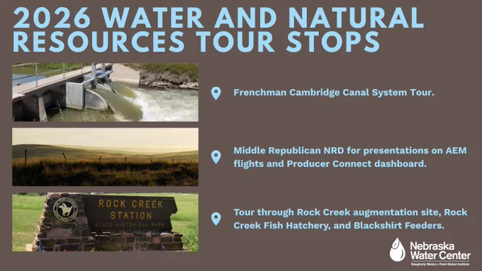 The Nebraska Water Center's 2026 water and natural resources tour will showcase the Frenchman Cambridge canal system, Middle Republican NRD's producer tools, and the Rock Creek aquifer augmentation site. Learn more at go.unl.edu/WaterTour