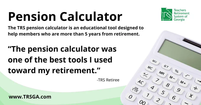 White background with green swirl and black text. Testimonial quote from a TRS retiree for the pension calculator on www.TRSGA.com that helps members who are more than 5 years away from retirement.