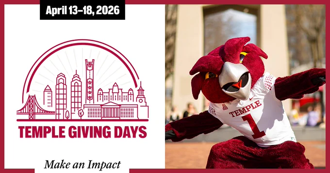 The image promotes "Temple Giving Days" from April 13-18, 2026. It features the mascot, Hooter, posing outdoors in front of the Bell Tower on campus. The text "Make an Impact" is included.