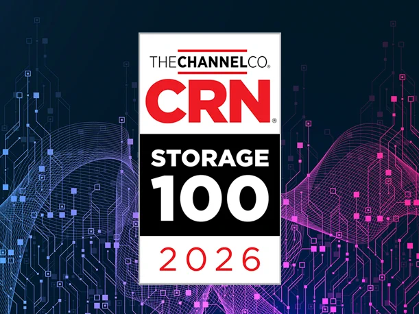 CRN's 2026 Storage 100 badge, a vertical rectangle with text that says, "The Channel Co: CRN: Storage 100 2026," set against a dark blue background covered by thin interconnected vertical lines and small squares, and thinner lines that form a horizontal mesh wave pattern. The lines and squares are colored with a horizontal light blue-to-light purple-to-magenta gradient.