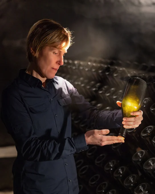 A person in the wine cellar of Castello Pomino holding a wine glass illuminated by warm light, with wooden barrels blurred in the background.
