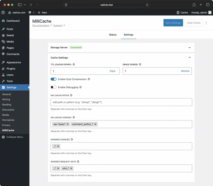 Screenshot of the MilliCache settings page