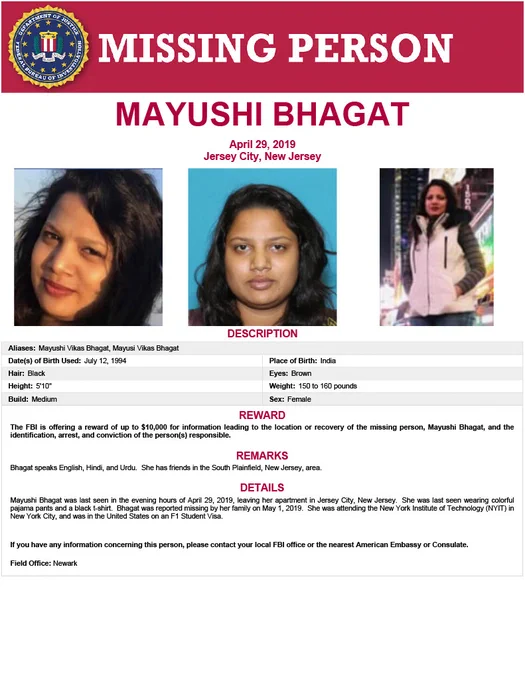 Missing person alert for Mayushi Bhagat, last seen April 29, 2019, in Jersey City, New Jersey, with reward offered for information.
