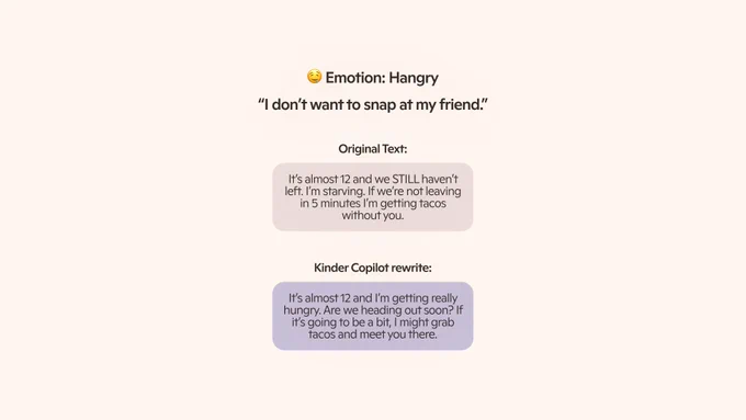 Example showing a hungry or irritable message softened into a more thoughtful response.