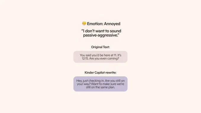 Example showing anger rephrased more kindly, with original and improved Copilot response.