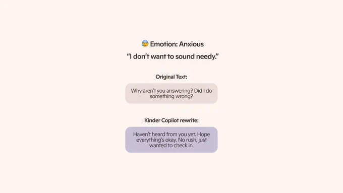 Example showing anxious message rewritten in a calmer, clearer tone using Copilot.