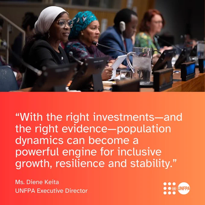 A card with a photo in the top half of UNFPA Executive Director Ms. Diene Keita, and other speakers, seated in a conference room at the 59th Commission on Population and Development in New York. Below is a quote from her which reads “With the right investments—and the right evidence—population dynamics can become a powerful engine for inclusive growth, resilience and stability.” The UNFPA logo is in the bottom right corer.