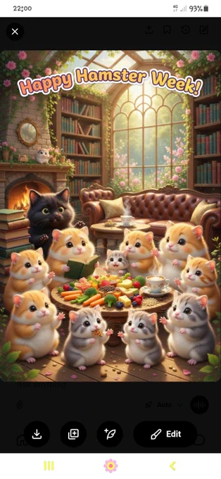 Happy Hamsters and Kitty enjoying a charcuterie board with veg chunks, seeds, berries, cheese,  cappuccinos in the Greenhouse Library, one Hamstrr reading a story.