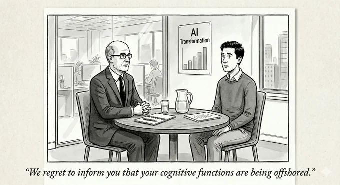 A suited man informs a young employee about offshoring cognitive tasks, with a graph showing "AI Transformation" in the background.