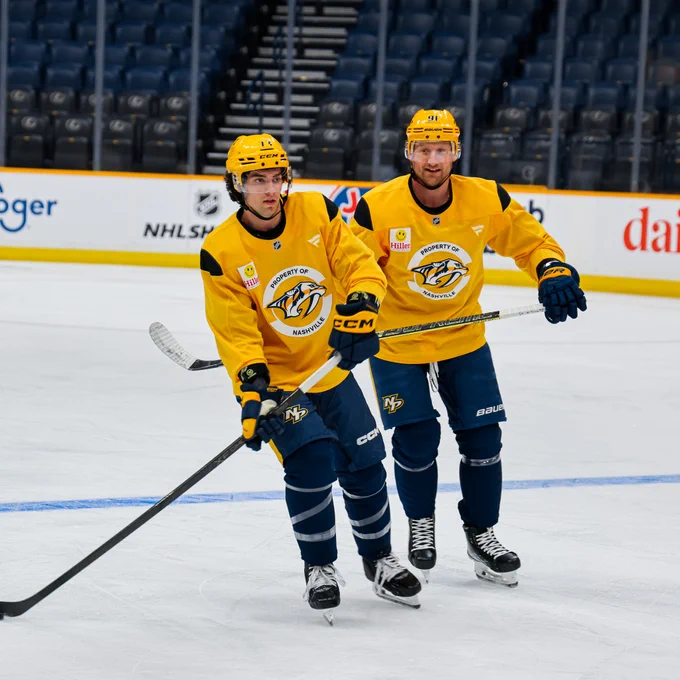 Image of Luke Evangelista and Steven Stamkos on the ice during morning skate 