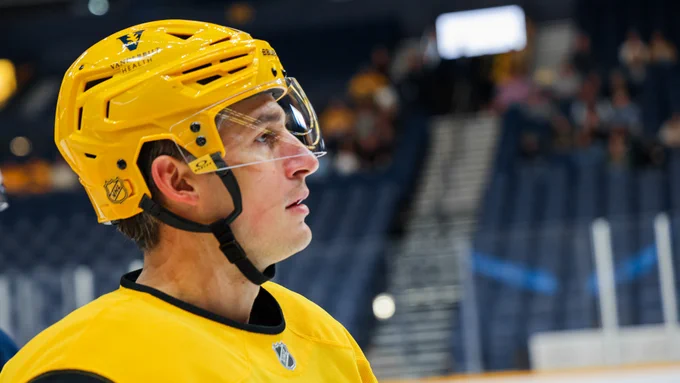 Image of Brady Skjei on the ice during morning skate 