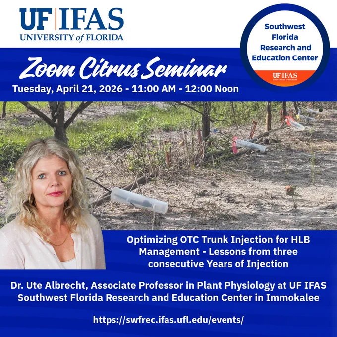Promotional graphic for a Zoom Citrus Seminar by UF IFAS, featuring a grove image, event details, and a headshot of a woman. 