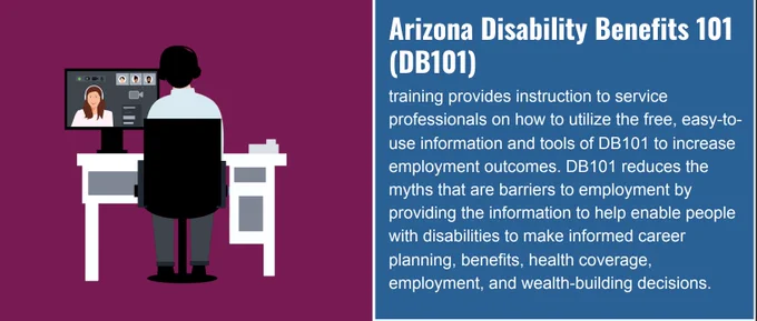 training provides instruction to service
professionals on how to utilize the free, easy-touse information and tools of DB101 to increase
employment outcomes. DB101 reduces the
myths that are barriers to employment by
providing the information to help enable people
with disabilities to make informed career
planning, benefits, health coverage,
employment, and wealth-building decisions.