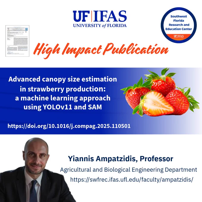 An announcement for a high-impact publication by the University of Florida featuring strawberries and a portrait of Yiannis Ampatzidis.