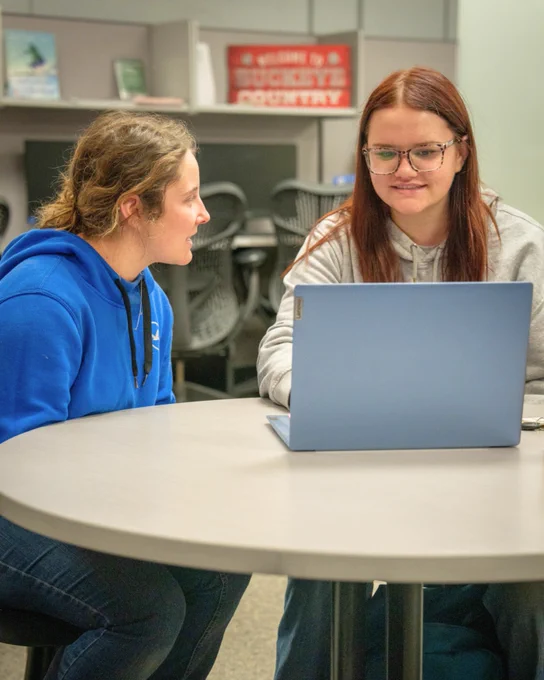 Two students looking at a computer in the learning lab.