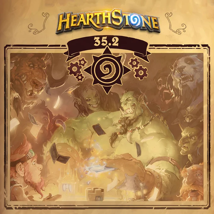 Hearthstone 35.2: A group of characters, including orcs, a pandaren, and a gnome, are gathered around a table with cards and glowing objects. A logo with gears is above them.\n