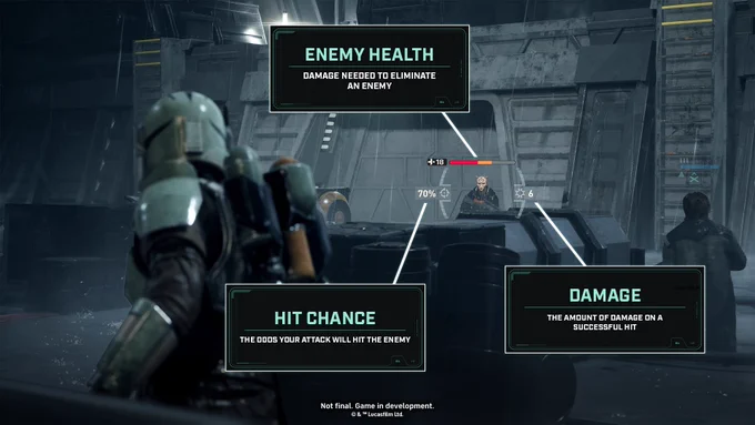 Screenshot of STAR WARS Zero Company battle, with text boxes pointing to UI elements on screen. Text: Enemy Health: Damage needed to eliminate an enemy. Hit Chance: The odds your attack will hit the enemy. Damage: The amount of damage on a successful hit.