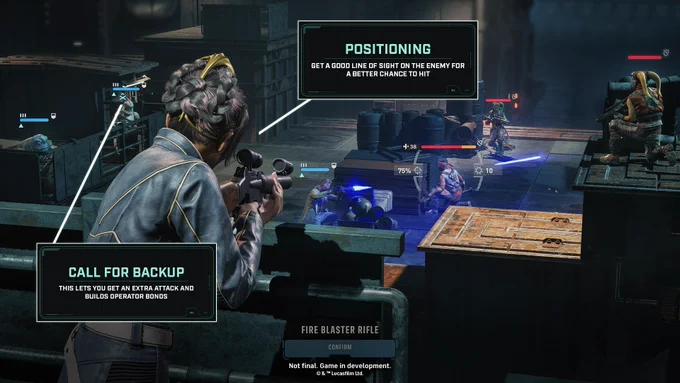 Screenshot of Zero Company battle with text overlays. Text: Positioning: Get a good line of sight on the enemy for a better chance to hit. Call for Backup: This lets you get an extra attack and builds operator bonds.