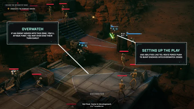 Zero Company battle with text overlays. Text: Overwatch: If an enemy moves into this zone, you'll attack first. You may even end their turn early! Setting up the play: Use abilities like Tel-Rea's Force Push to bump enemies into overwatch zones.