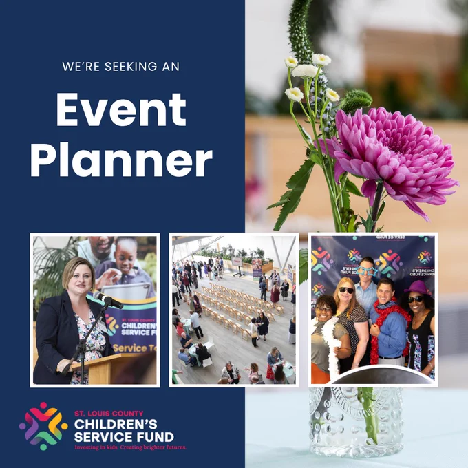 A bright pink flower arrangement in a clear vase with blurred background of an indoor event setting is next to large text that says "We're Seeking an Event Planner."