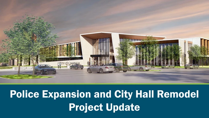 graphic with rendering of a building entrance with vehicles and trees in parking lot with blue box at bottom with green line separating from image and white text that reads "Police Expansion and City Hall Remodel Project Update"