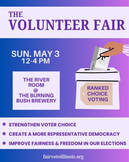 Text that reads: "The Volunteer Fair, Sunday, May 3, 12-4pm in the river room at the burning bush brewery"