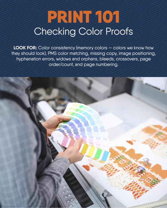 Person comparing a color swatch fan to a printed proof beneath a headline 'PRINT 101: Checking Color Proofs'.