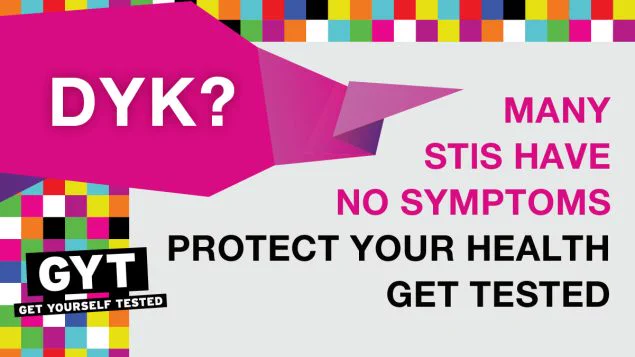 Bright graphic urging STI testing with text highlighting many STIs show no symptoms and promoting health protection.