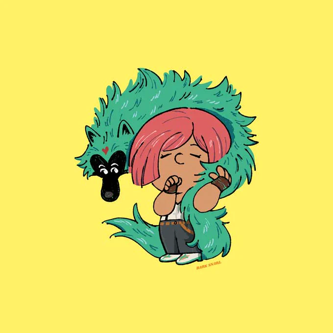 Giovanna from Guilty Gear in the style of the comic, Peanuts cuddled with her dog