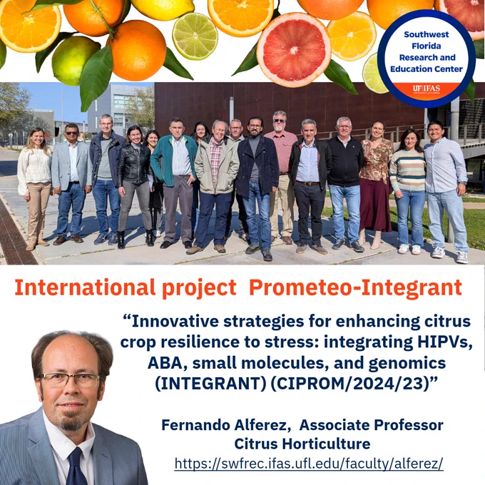 A group photo of people outdoors with a citrus fruit motif and text describing a project on citrus crop resilience.