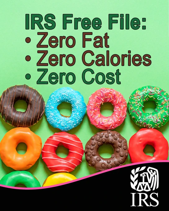 Different colored and flavored donuts displayed. Text: ‘IRS Free File: zero fat, zero calories, zero cost.’ IRS logo also displayed.